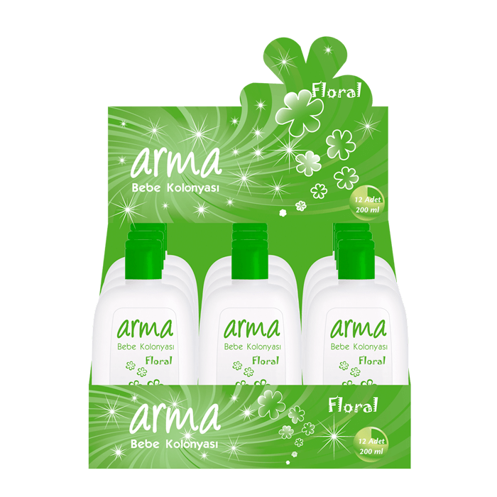 Bebe kolonyası için teşhir kolisi tasarımı.  Hem stoklamak ve taşımak hem de teşhir için uygun  Kolinin üst kapağı uygun şekilde kesildiğinde şık bir görünüm oluşuyor.  22.5X12X15 cm boyutlarında.
250gr bristol kağıt.
Tek renk ofset baskı. Ambalaj Tasarımı, Teşhir Kolisi 