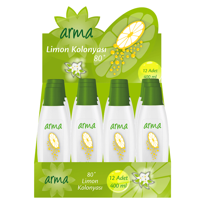 Limon kolonyası için teşhir kolisi tasarımı.  Hem teşhir hem de stoklamak ve taşımak için uygun  Kolinin üst kapağı uygun şekilde kesildiğinde şık bir görünüm oluşuyor.  22X17.5X20 cm boyutunda
250gr bristol kağıt.
Dört renk ofset baskı Ambalaj Tasarımı, Teşhir Kolisi 