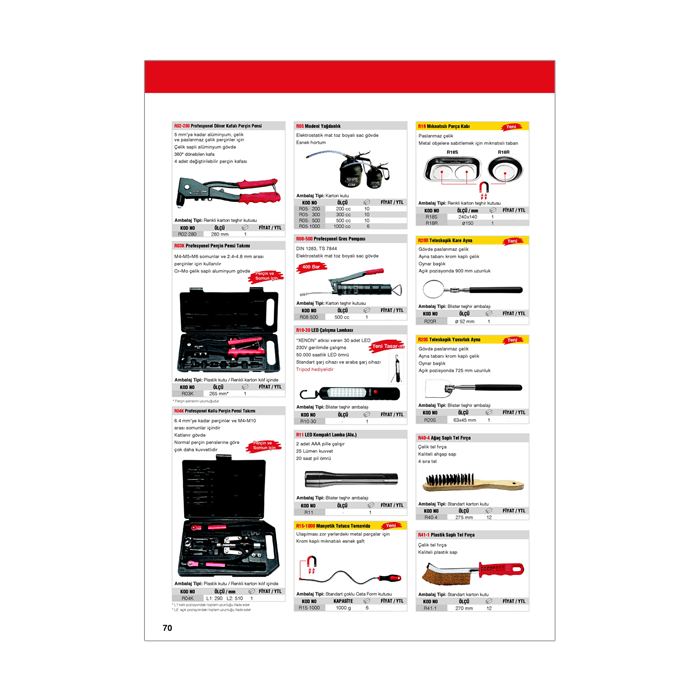 Ürün fiyat bilgilerini ve kısa teknik detayları içeren fiyat listesi. Mini katalog olarak da kullanılmıştır.  72 sayfa. 
Kapalı ölçü 21 x 29.7 cm. 
Kapak 220 gr mat kuşe ve selefon kaplama. 
İç sayfalar 115 gr mat kuşe. 
Cilt omega tel dikiş. Fiyat Listesi, Mini Katalog, Kapak Tasarımı
